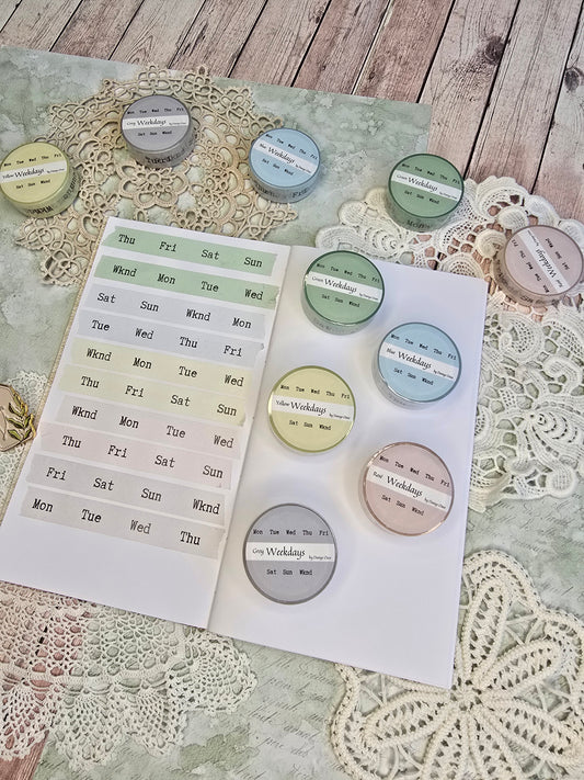 Washi Tape „Wochentage Englisch“ – 5 Pastellfarben im Typewriter-Stil