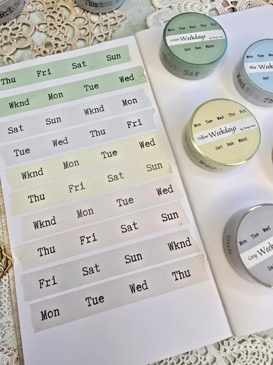 Washi Tape „Wochentage Englisch“ – 5 Pastellfarben im Typewriter-Stil