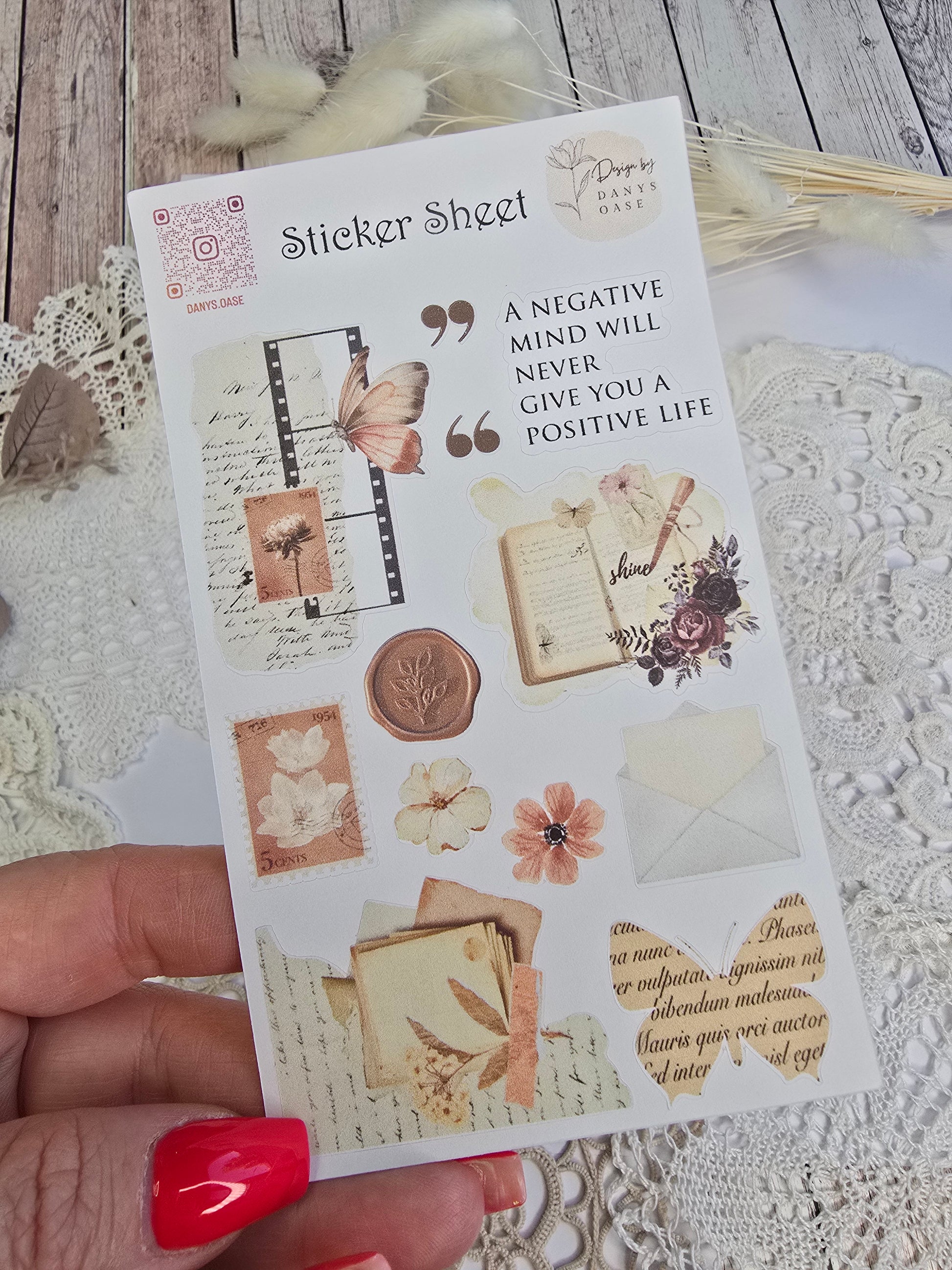 Stickerbogen mit 12 Vintage-Motiven: Blumen, Zitate, Briefmarken, Wachssiegel (matte Oberfläche, Kiss Cut)