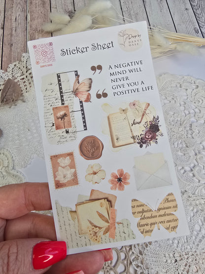 Stickerbogen mit 12 Vintage-Motiven: Blumen, Zitate, Briefmarken, Wachssiegel (matte Oberfläche, Kiss Cut)