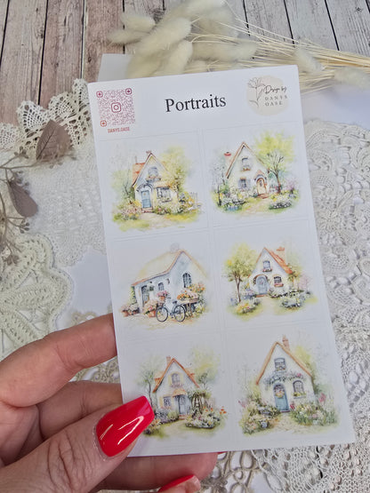 Cottage Portraits II – 6 Aquarell-Sticker mit Landhausmotiven