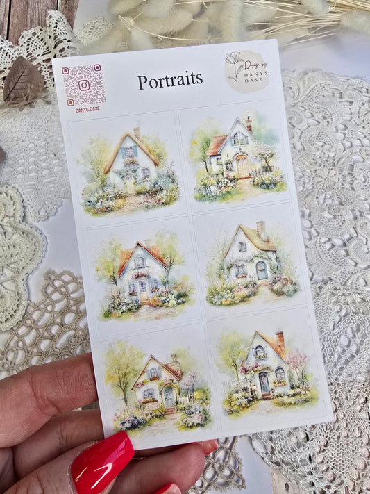 Cottage Portraits II – 6 Aquarell-Sticker mit Landhausmotiven