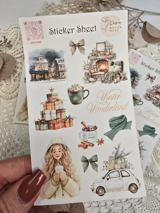 Stickerbogen mit winterlichen Motiven: Häuser, heiße Schokolade, Kaminfeuer & Geschenke (Aquarell, DIN A6)