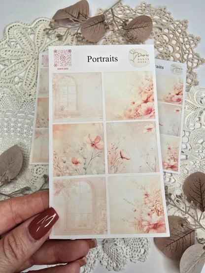 Stickerbogen mit 6 floralen Hintergrundmotiven in Pastellfarben (DIN A6, quadratisch, Kiss Cut)