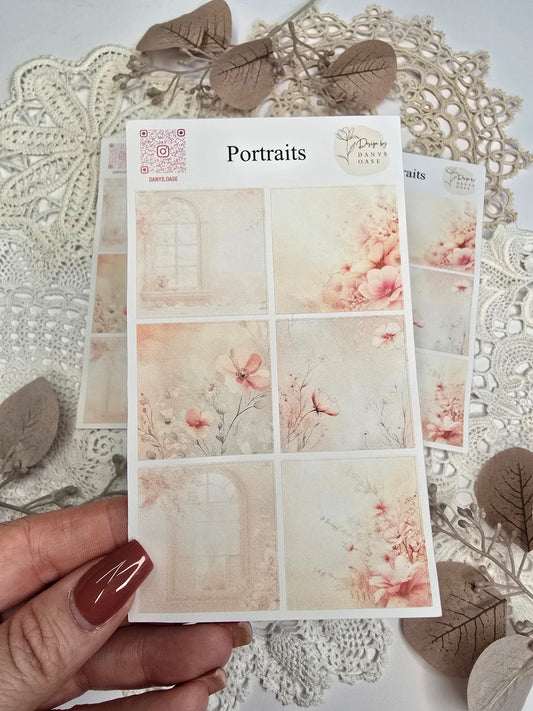 Stickerbogen mit 6 floralen Hintergrundmotiven in Pastellfarben (DIN A6, quadratisch, Kiss Cut)