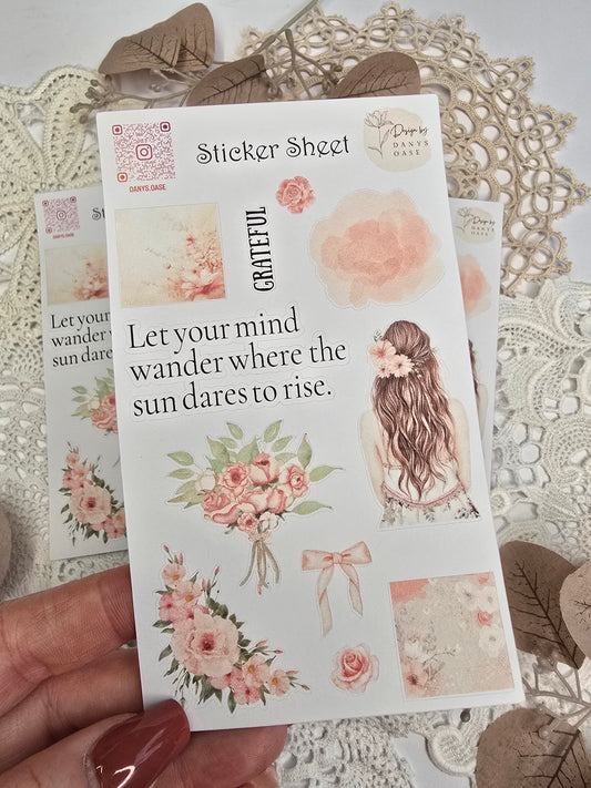 Boho Sticker Set – 11 Pastellmotive mit Mädchen, Blumen & Sprüchen