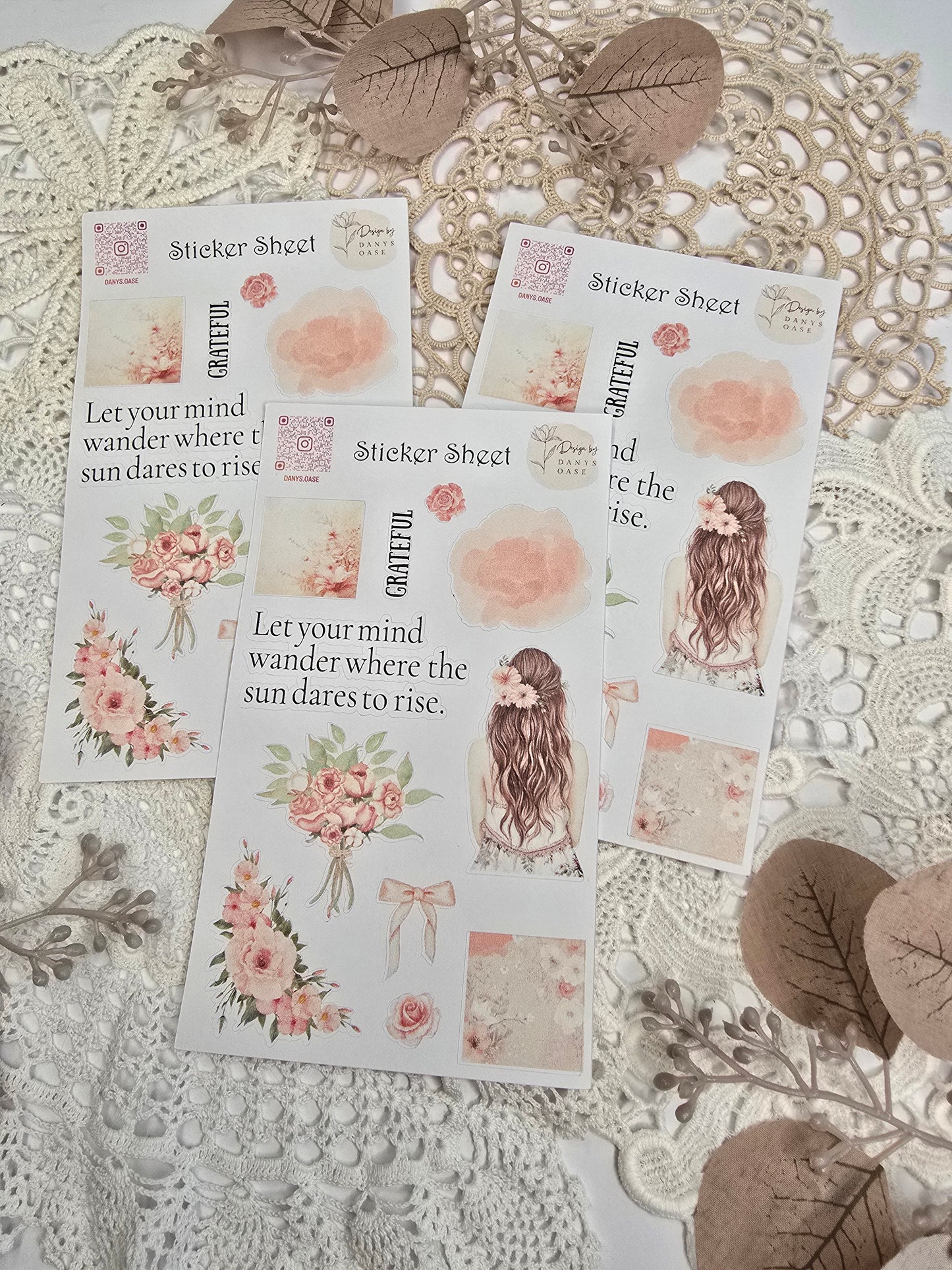 Boho Sticker Set – 11 Pastellmotive mit Mädchen, Blumen & Sprüchen