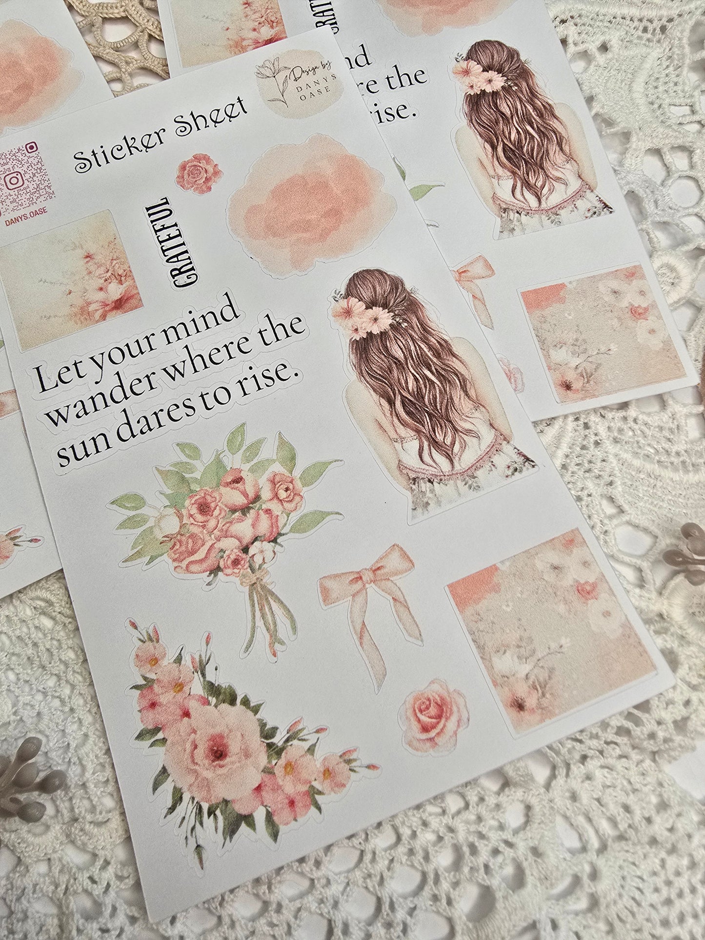 Boho Sticker Set – 11 Pastellmotive mit Mädchen, Blumen & Sprüchen