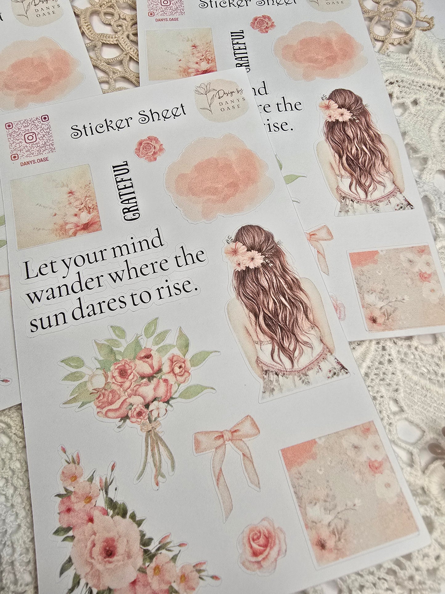 Boho Sticker Set – 11 Pastellmotive mit Mädchen, Blumen & Sprüchen
