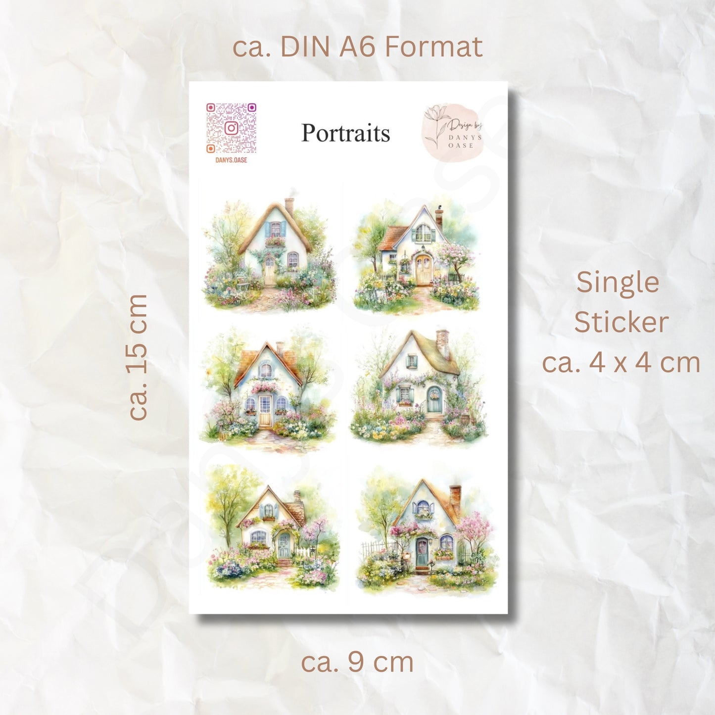 Cottage Portraits II – 6 Aquarell-Sticker mit Landhausmotiven