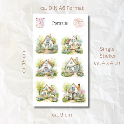 Cottage Portraits II – 6 Aquarell-Sticker mit Landhausmotiven