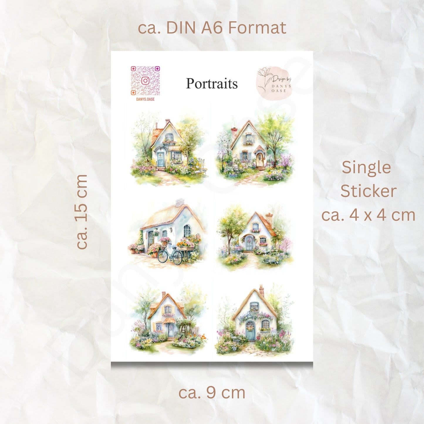 Cottage Portraits II – 6 Aquarell-Sticker mit Landhausmotiven