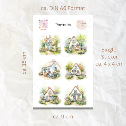 Cottage Portraits II – 6 Aquarell-Sticker mit Landhausmotiven