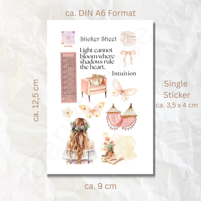 Boho Sticker Set – 11 Pastellmotive mit Mädchen, Blumen & Sprüchen