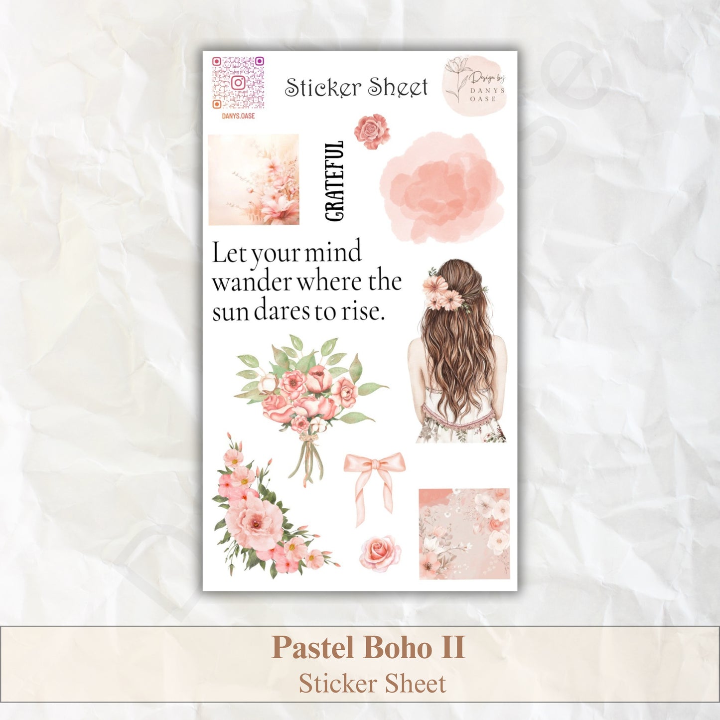 Boho Sticker Set – 11 Pastellmotive mit Mädchen, Blumen & Sprüchen