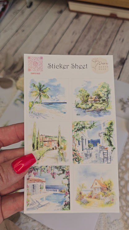 Holiday Sticker Set · 6 Watercolor Motifs · Journal Decoration Stickers · Summer Collage Scrapbooking